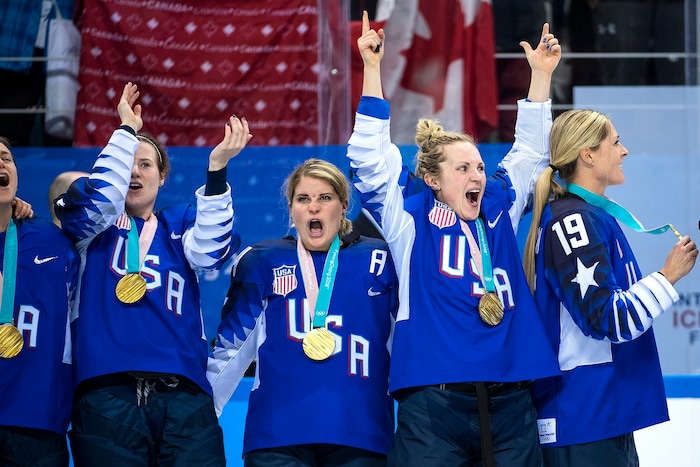 (Chris Detrick  |  The Salt Lake Tribune) Members of team USA celebrate after winning the Women's Gold Medal Game at Gangneung Hockey Centre during the Pyeongchang 2018 Winter Olympics Thursday, Feb. 22, 2018. United States defeated Canada 3-2 in a shootout victory. 