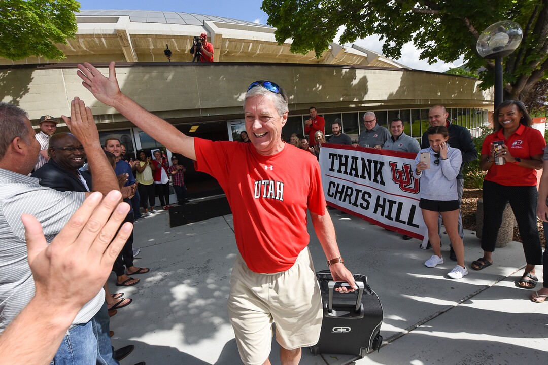 (Francisco Kjolseth  |  The Salt Lake Tribune)  University of Utah athletic director Chris Hill says goodbye to friends and staff at the Huntsman Center on Friday, June 1, 2018, before climbing aboard a red Ute-branded Holiday Motor coach bus to the sounds of cheers and applause after 31 years on the job.