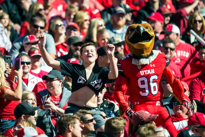 (Chris Detrick  |  The Salt Lake Tribune)  A fan dances with Swoop during the game at Rice-Eccles Stadium Saturday, October 21, 2017. 