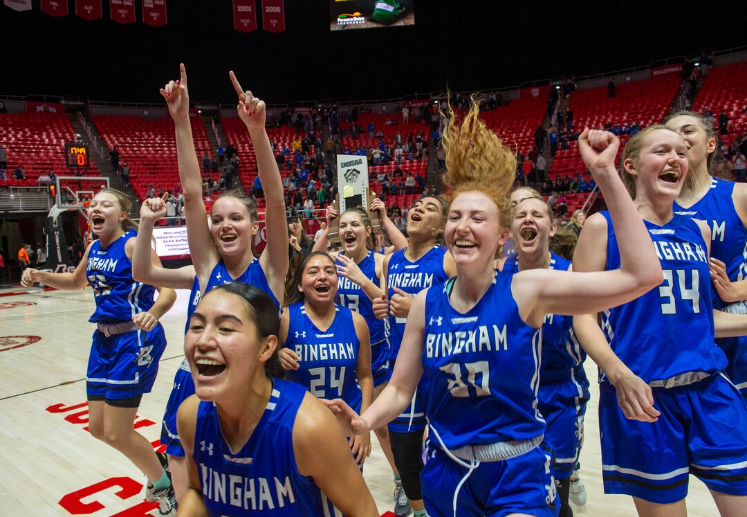 (Rick Egan  |  The Salt Lake Tribune)   The Bingham Miners celebrate their 59-51 win over the Fremont Silverwolves, in the 6A championship game, at the Jon M. Huntsman Center, Saturday Feb. 29, 2020
