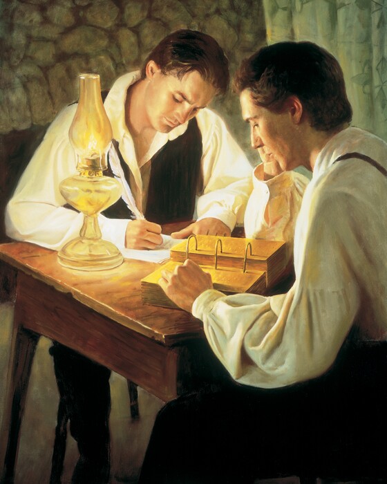 (Courtesy LDS Church) This painting depicts LDS Church founder Joseph Smith translating the Book of Mormon from ancient gold plates with Oliver Cowdery.