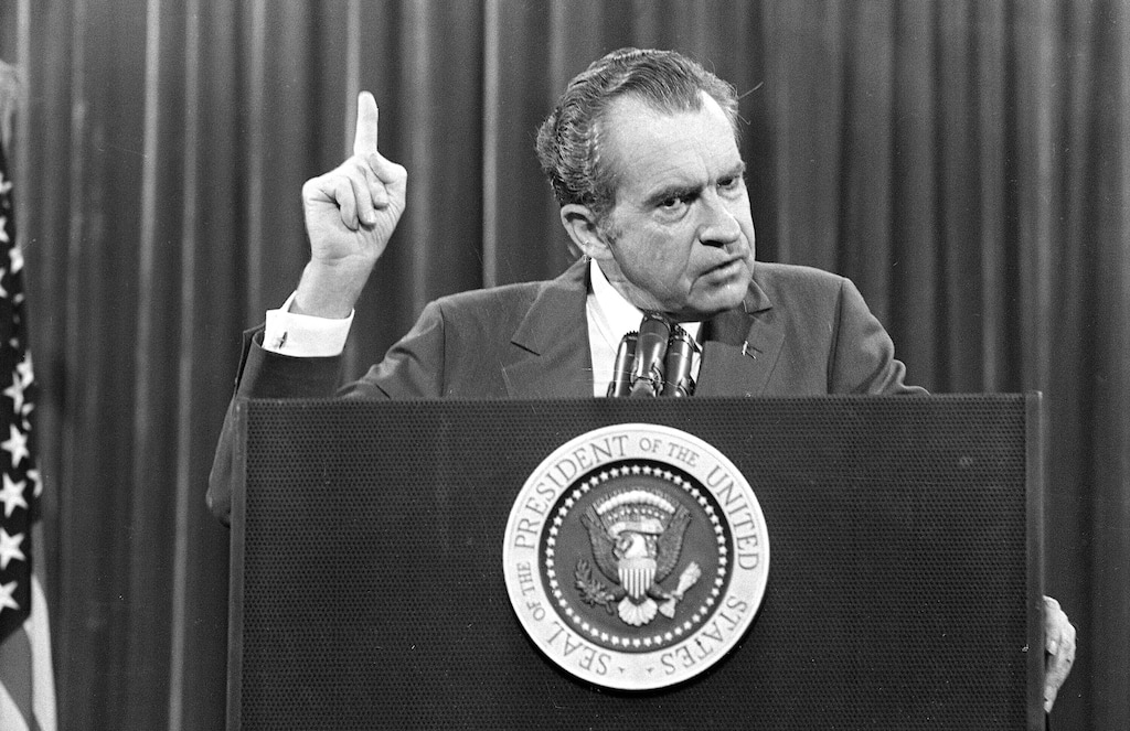 (AP file photo)

In this Nov. 17, 1973, photo, President Richard Nixon speaks near Orlando, Fla. to the Associated Press Managing Editors annual meeting. Nixon told the APME "I am not a crook."