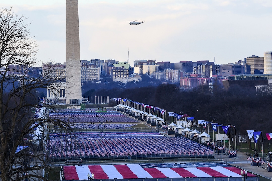 Marine One with President Donald Trump onboard leaves the White House ahead of President-elect Joe Biden's inauguration ceremony, Wednesday, Jan. 20, 2021, in Washington.  (Saul Loeb/Pool Photo via AP)