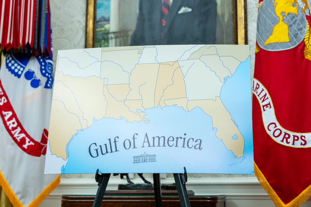 (Eric Lee | The New York Times) A map with President Trump’s new name of the Gulf of America is set up in the Oval Office in Washington on Tuesday, Feb. 11, 2025.