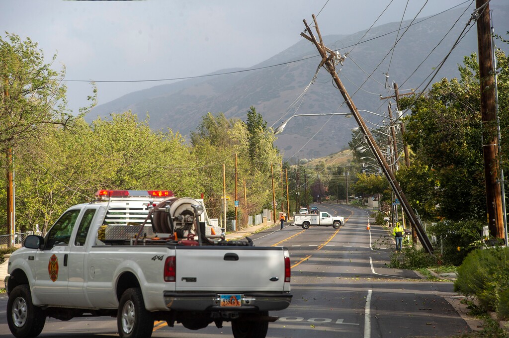 (Rick Egan  |  The Salt Lake Tribune)    Main Street in Centerville was closed due to power lines blown down by the high winds on Tuesday, Sept. 8, 2020.