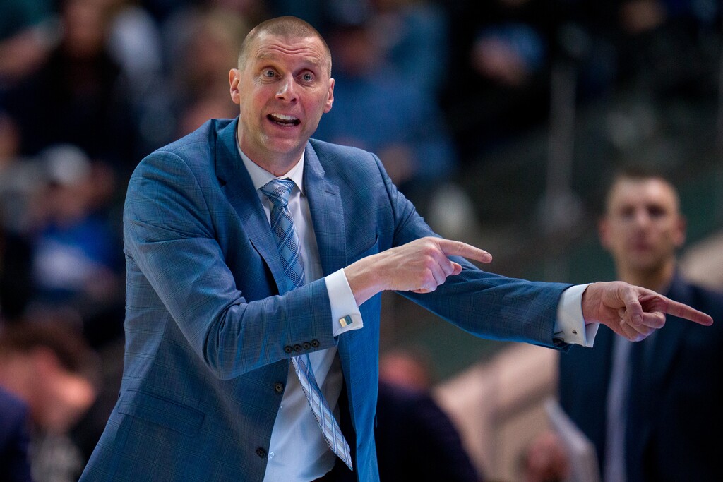 (Trent Nelson | The Salt Lake Tribune) Mark Pope as BYU hosts Baylor, NCAA basketball in Provo on Tuesday, Feb. 20, 2024.