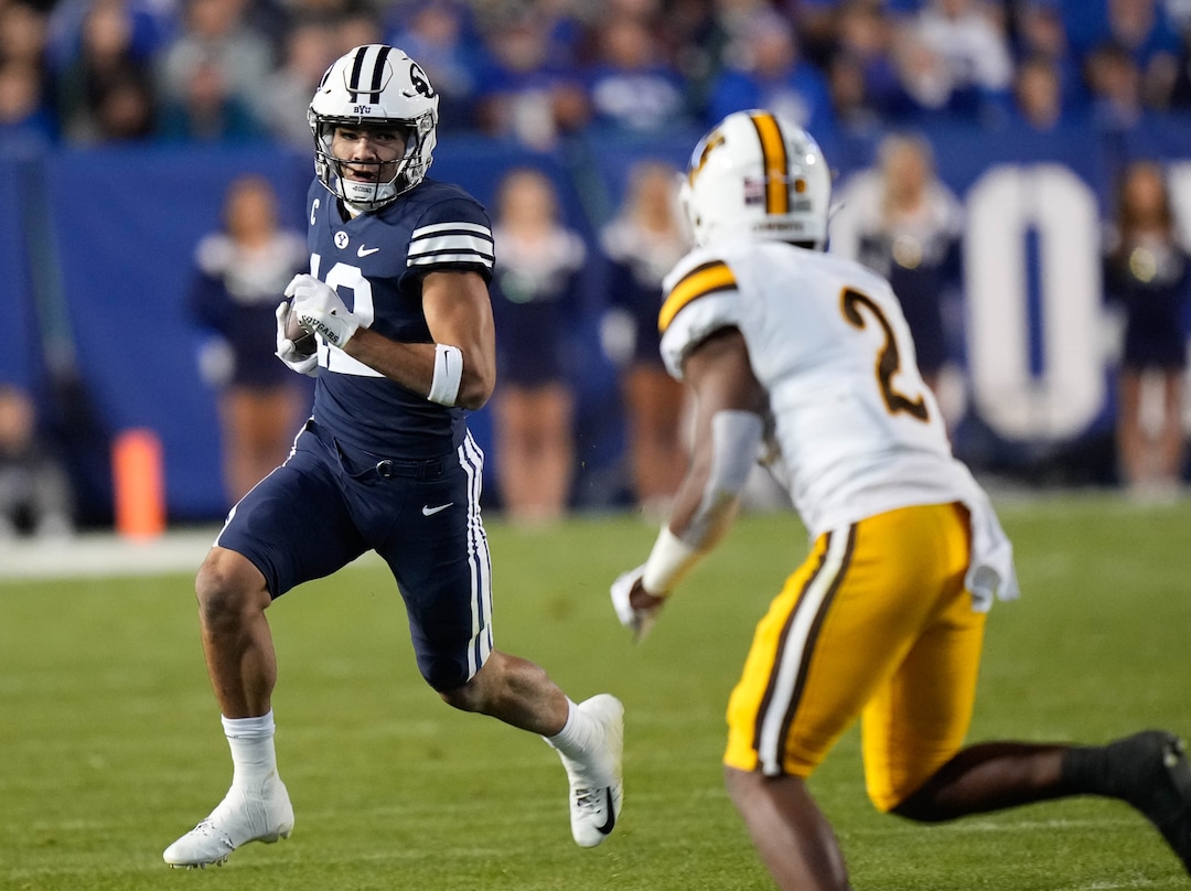 (Francisco Kjolseth | The Salt Lake Tribune) Brigham Young Cougars wide receiver Puka Nacua (12) moments before injuring his leg in football action between the Brigham Young Cougars and the Wyoming Cowboys at LaVell Edwards Stadium in Provo, on Saturday, Sept. 24, 2022.