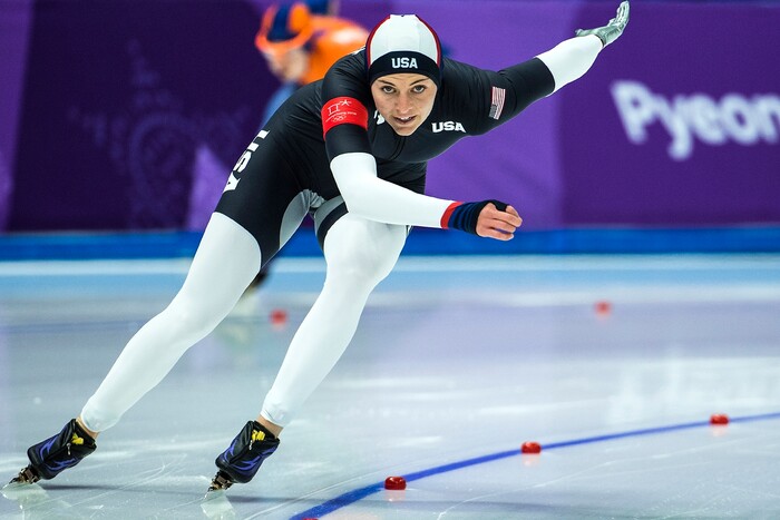 (Chris Detrick  |  The Salt Lake Tribune)  USA's Heather Bergsma races Netherlands' Marrit Leenstra in the Ladies' 1,000m during the Pyeongchang 2018 Winter Olympics Wednesday, Feb. 14, 2018.  Bergsma finished in 8th place with a time of 1:15.15.
