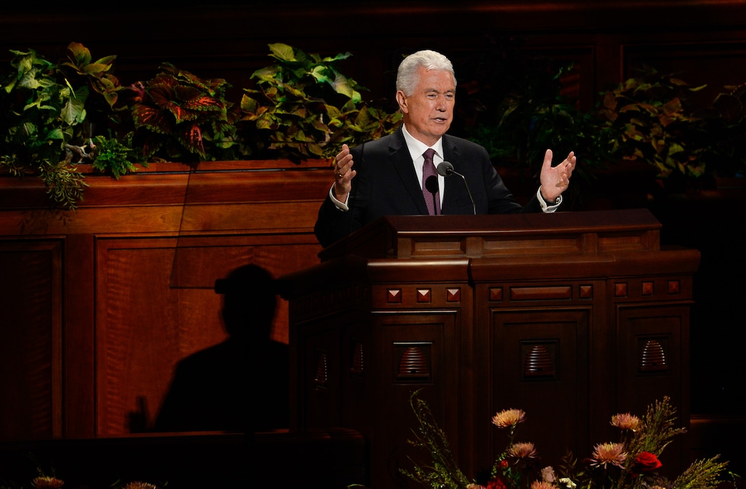 (Francisco Kjolseth  |  The Salt Lake Tribune)  Elder Dieter F. Uchtdorf, of the Quorum of the Twelve Apostles, speaks during the Sunday morning session of the 189th twice-annual General Conference of The Church of Jesus Christ of Latter-day Saints at the Conference Center in Salt Lake City on Sunday, Oct. 6, 2019.