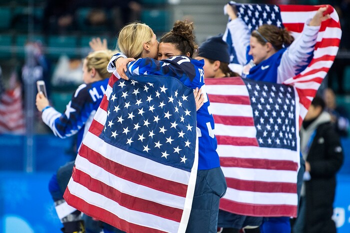 (Chris Detrick  |  The Salt Lake Tribune) United States forward Gigi Marvin (19) and United States forward Amanda Pelkey (37) hug after winning the Women's Gold Medal Game at Gangneung Hockey Centre during the Pyeongchang 2018 Winter Olympics Thursday, Feb. 22, 2018. United States defeated Canada 3-2 in a shootout victory. 