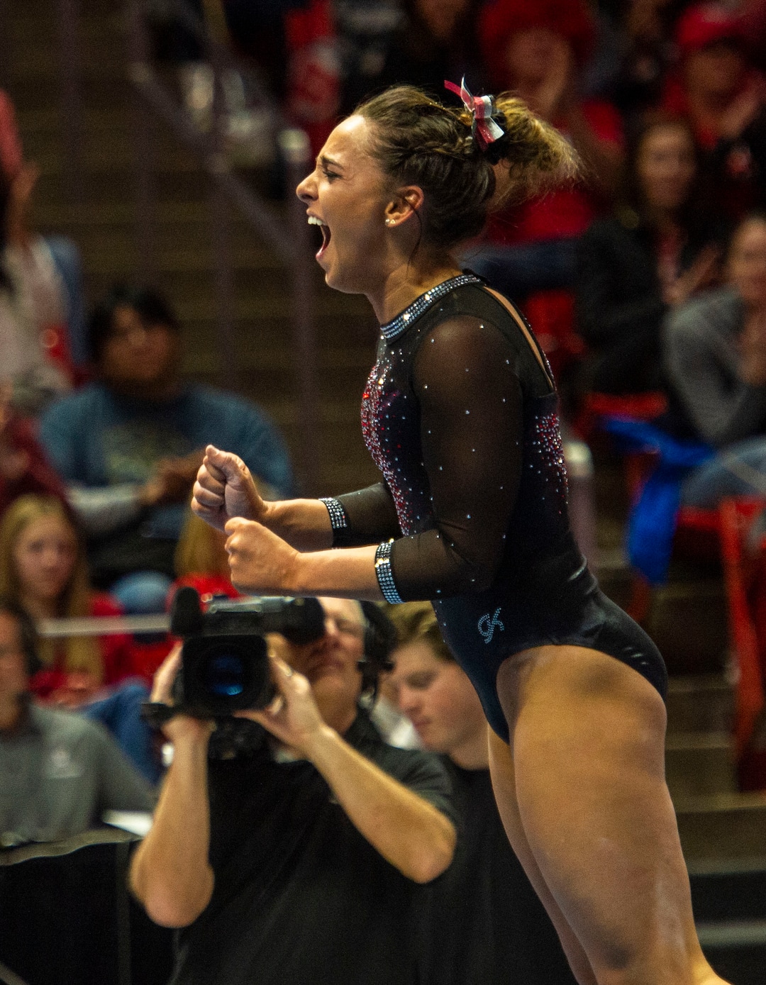(Rick Egan  |  The Salt Lake Tribune)   Macery Roberts reacts after her routine on the floor for Utah, in PAC-12 gymnastics action between the UCLA Bruins and the University of Utah, at the Jon M. Huntsman Center, Saturday, Feb. 23, 2019.