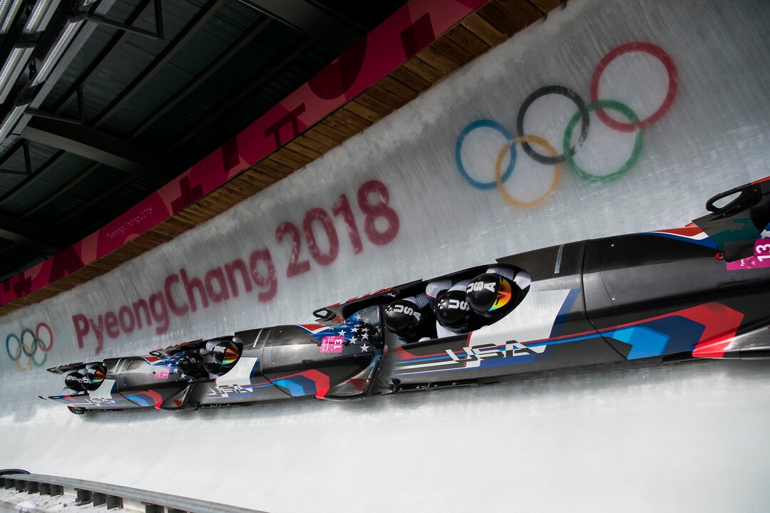 (Chris Detrick  |  The Salt Lake Tribune)  (multiple exposure image) Team USA's Codie Bascue, Evan Weinstock, Steven Langton and Sam McGuffie compete at Olympic Sliding Centre during the Pyeongchang 2018 Winter Olympics Saturday, Feb. 24, 2018.