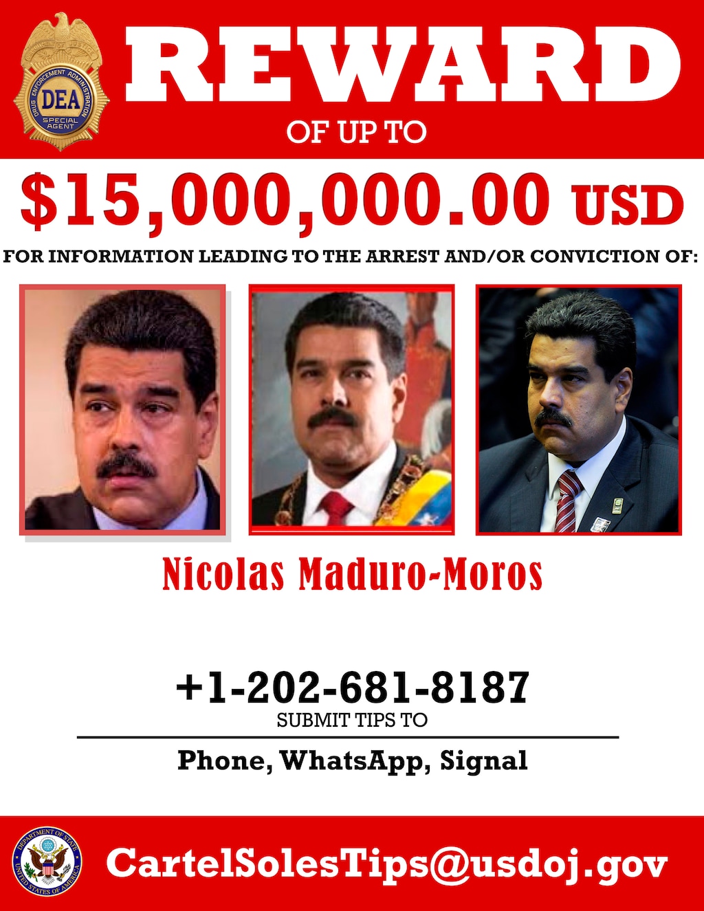 This image provided by the U.S. Department of Justice shows a reward poster for Nicolas Maduro that was released on Thursday, March 26, 2020. The U.S. Justice Department has indicted Venezuela's socialist leader Nicolás Maduro and several key aides on charges of narcoterrorism. (Department of Justice via AP)