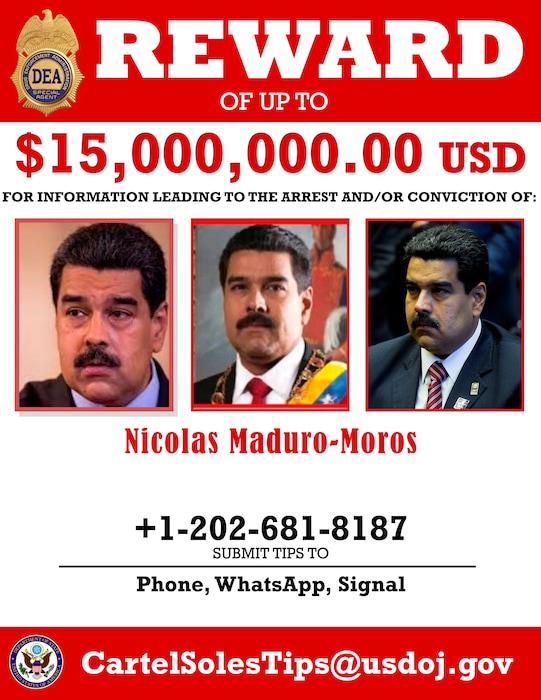 This image provided by the U.S. Department of Justice shows a reward poster for Nicolas Maduro that was released on Thursday, March 26, 2020. The U.S. Justice Department has indicted Venezuela's socialist leader Nicolás Maduro and several key aides on charges of narcoterrorism. (Department of Justice via AP)