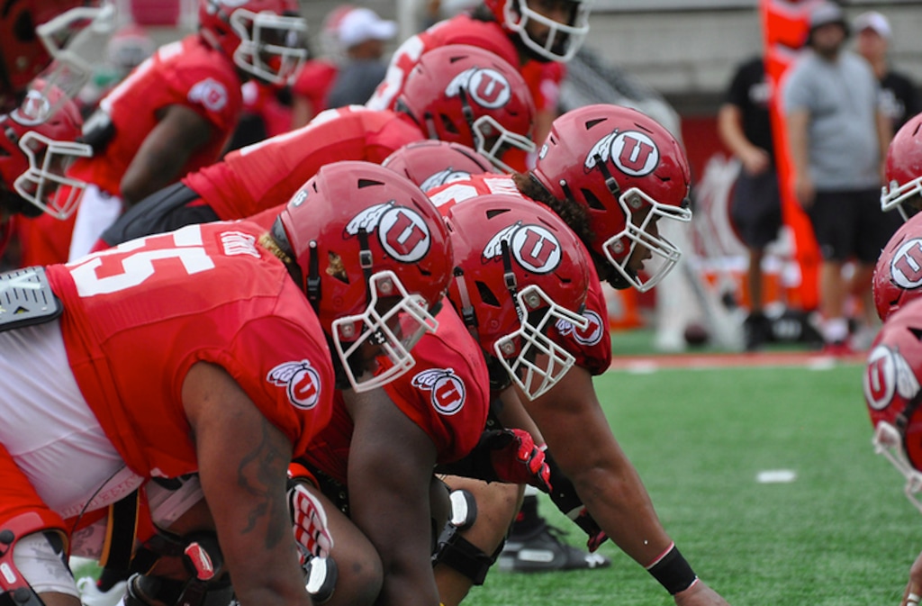 Photo courtesy of Utah Athletics | Nick Ford (55) and the rest of Utah's offensive line members say they are determined to put to rest any lingering questions about their unit once the season gets under way Aug. 29 at BYU.