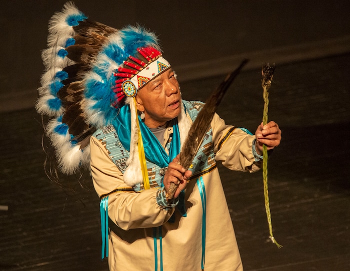 (Rick Egan  |  The Salt Lake Tribune)      Ute spiritual leader Larry Cesspooch gives a Ute blessing at the memorial service for Robert "Archie" Archuleta, at the Rose Wagner Theatre, Saturday, March 2, 2019.


