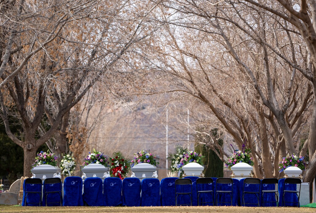 (Rick Egan | The Salt Lake Tribune) The caskets of Tausha Haight and her five children, Macie Lynn, 17, Briley Ann, 12, Ammon Michael, 7, Sienna Belle, 7, and Gavin Drew, 4, at the La Verkin Cemetery after a graveside service for the family, Friday, Jan. 13, 2023.