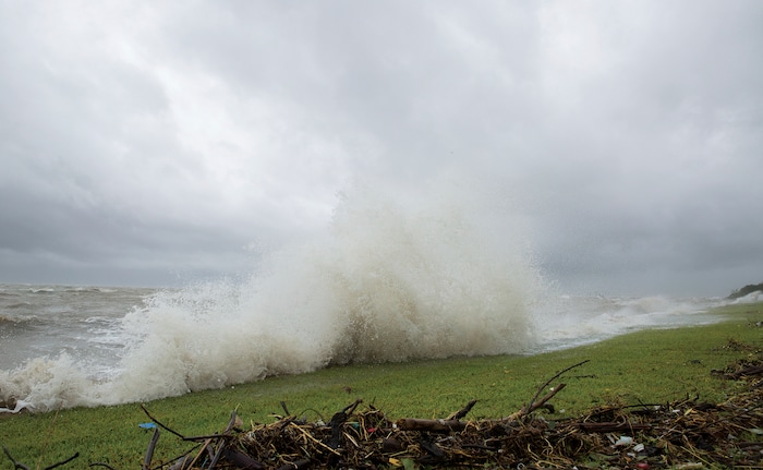 (Ana Ramirez | The Victoria Advocate via AP) Water crashes along the bay front in Port Lavaca, Texas, Friday, Aug. 25, 2017. Hurricane Harvey smashed into Texas late Friday, lashing a wide swath of the Gulf Coast with strong winds and torrential rain from the fiercest hurricane to hit the U.S. in more than a decade.