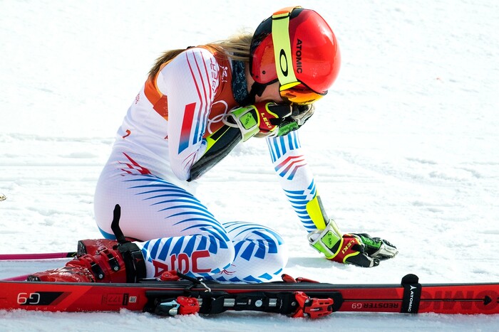 (Chris Detrick  |  The Salt Lake Tribune)  USA's Mikaela Shiffrin reacts as she realizes she has won the gold in the Ladies' Giant Slalom at Yongpyong Alpine Centre during the Pyeongchang 2018 Winter Olympics Thursday, Feb. 15, 2018.  Shiffrin won the event with a time of 2:20.02.