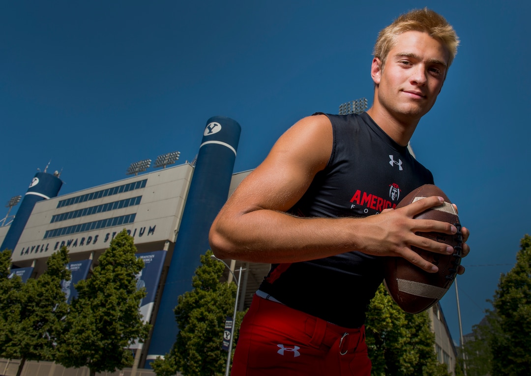 Leah Hogsten  |  The Salt Lake Tribune  American Fork High School football star Chase Roberts has committed to play for Brigham Young University, July 22, 2018.