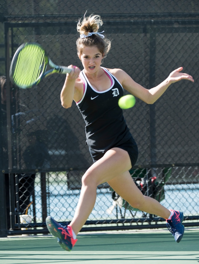 (Rick Egan  |  The Salt Lake Tribune) Mackenzie Turley, Davis High, plays Daniella Aaron, Lone Peak, in the 6A High School tennis championship game.  Turley defeated Aaron to place first in the #1 singles Friday, October 6, 2017.


