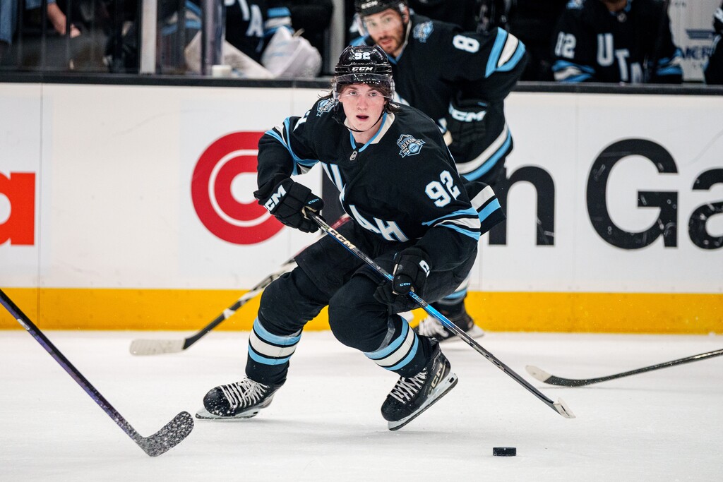 (Trent Nelson  |  The Salt Lake Tribune) Utah Hockey Club center Logan Cooley (92).