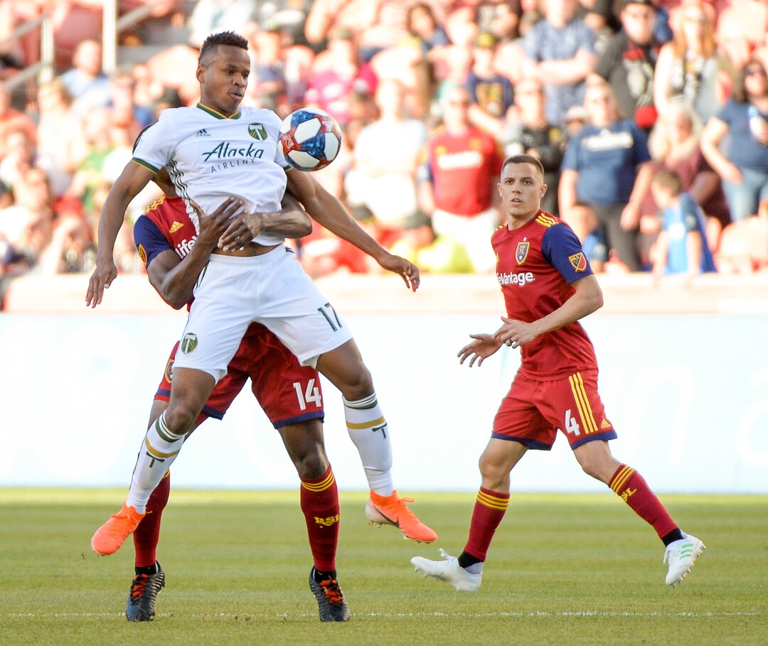 Leah Hogsten  |  The Salt Lake Tribune  Real Salt Lake defender Nedum Onuoha (14) holds onto Portland Timbers forward Jeremy Ebobisse (17). Real Salt Lake hosts the Portland Timbers, Saturday, May 4, 2019 at Rio Tinto Stadium in Salt Lake City.