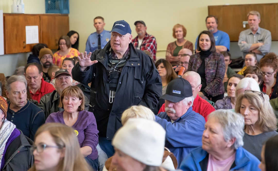 (Keith Johnson  |  for The Salt Lake Tribune) Clayton Hinman ask a question concerning gun control during a town hall meeting held by newly elected Utah Congressman Ben McAdams, representing Utah's 4th District, at the Redwood Recreational Center in West Valley City, Utah on Jan. 19, 2019. McAdams held the town hall meeting to make good on a promise to be more accessible to constituents, a criticism he leveled against former congresswoman Mia Love during McAdam's campaign. 