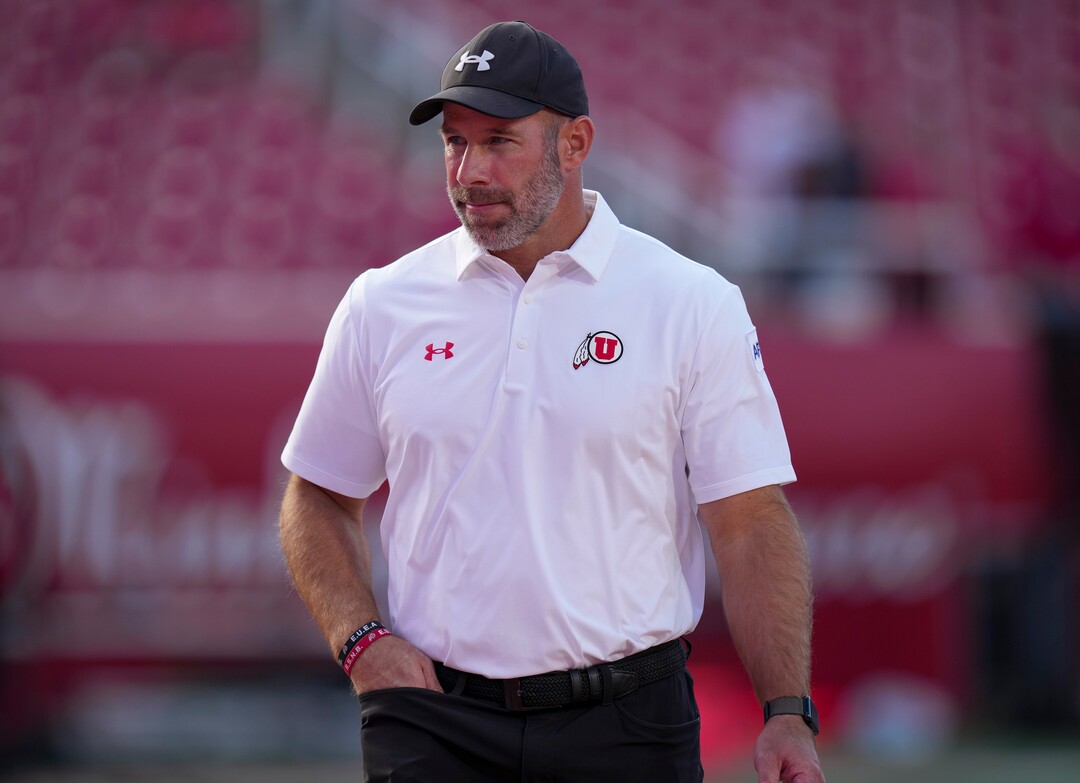 (Bethany Baker  |  The Salt Lake Tribune) Utah Utes head coach Morgan Scalley watches during warms up before the game between the Utah Utes and the Idaho Vandals at Rice-Eccles Stadium in Salt Lake City on Thursday, Sept. 3, 2026.