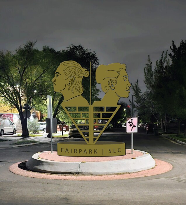 A golden sculpture with two faces, an inverted pyramid and a base that reads "Fairpark SLC" sits on top of a traffic circle in a rendering.