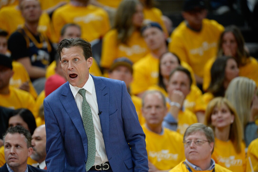 (Francisco Kjolseth  |  The Salt Lake Tribune)  Utah Jazz head coach Quin Snyder argues a call in Game 3 of a first-round NBA basketball playoff series against the Rockets in Salt Lake City, Saturday, April 20, 2019.