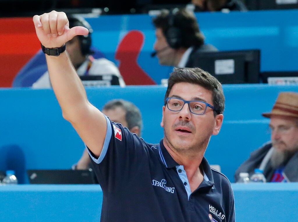 Greece's coach Fotis Katsikaris, gestures during the EuroBasket European Basketball round of sixteen match between Greece against Belgium, at Pierre Mauroy stadium in Lille, France, Saturday, Sept. 12, 2015. Greece won 75-54. (AP Photo/Michel Euler)