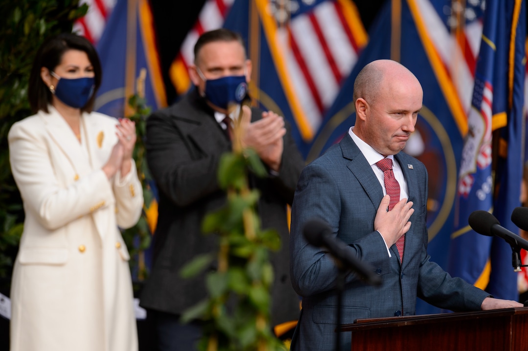 (Trent Nelson  |  The Salt Lake Tribune) Spencer Cox speaks at his inauguration as Utah's 18th governor at Tuacahn Center for the Arts in Ivins on Monday, Jan. 4, 2021. At left are Lt. Gov. Deidre Henderson and Gabe Henderson.