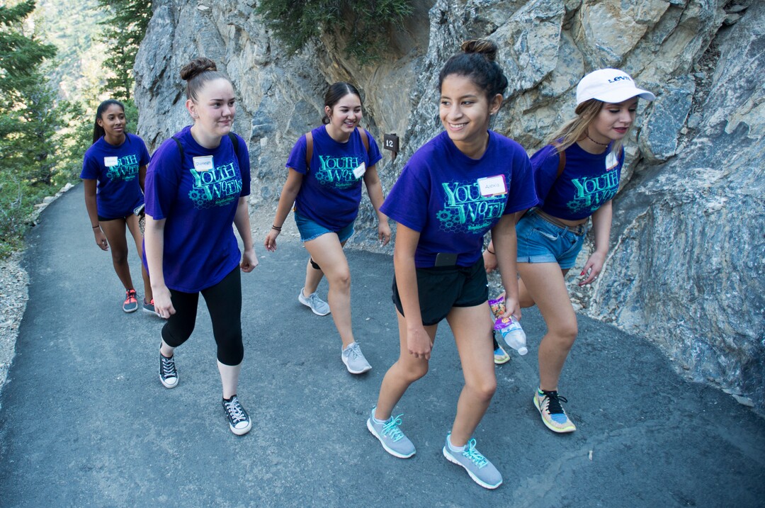 (Rick Egan  |  The Salt Lake Tribune)  Teens in the YouthWorks program make their way up the trail, on their way to Timpanogos Cave, Thursday, Aug. 3, 2017.