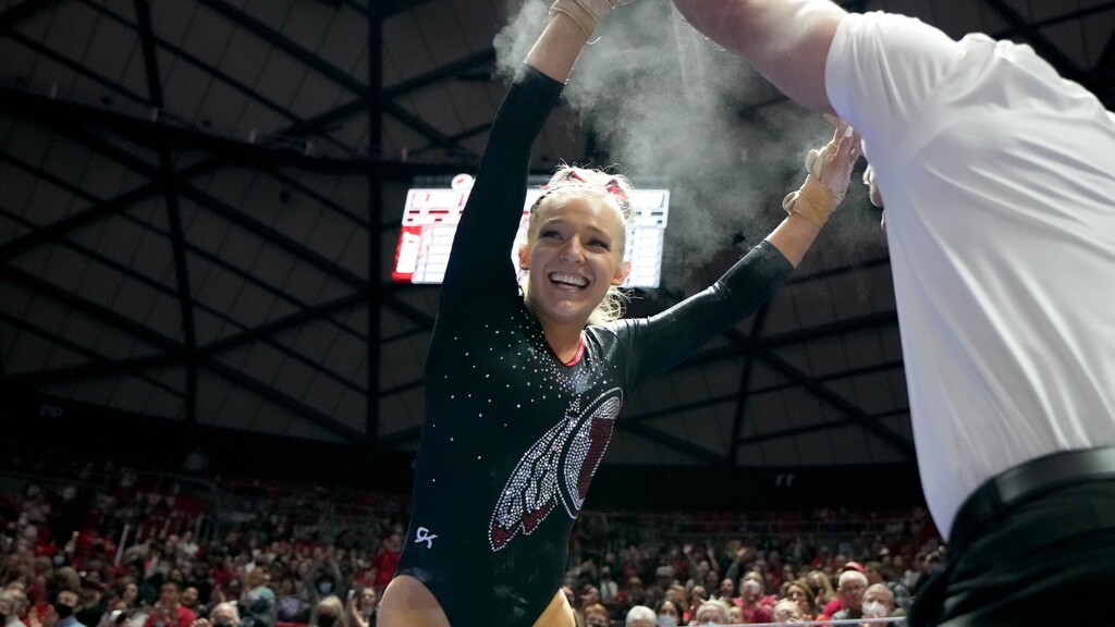 (Francisco Kjolseth | The Salt Lake Tribune) Utah’s Jillian Hoffman celebrates her vault performance during their gymnastics meet with Stanford at the Huntsman Center in Salt Lake City, Saturday, Jan. 29, 2022.