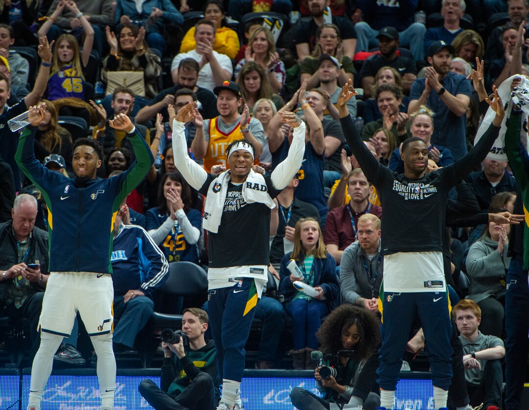 (Rick Egan  |  The Salt Lake Tribune)  Utah The Jazz beach celebrates as Utah Jazz forward Georges Niang (31) hits a big 3-point shot, in NBA action between the Utah Jazz and the Washington Wizards, in Salt Lake City, Friday, February 28, 2020