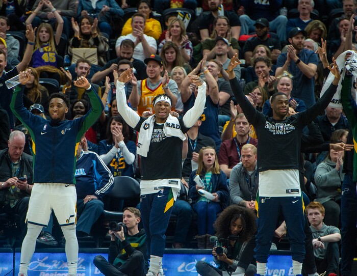 (Rick Egan  |  The Salt Lake Tribune)  Utah The Jazz beach celebrates as Utah Jazz forward Georges Niang (31) hits a big 3-point shot, in NBA action between the Utah Jazz and the Washington Wizards, in Salt Lake City, Friday, February 28, 2020