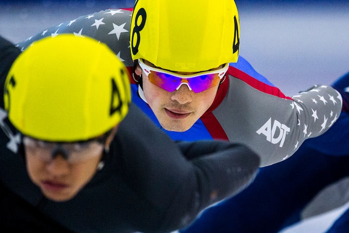 (Chris Detrick  |  The Salt Lake Tribune) J.R. Celski (405) and John-Henry Krueger (418) compete in the US Short Track Fall World Cup Qualifier at the Utah Olympic Oval Saturday, August 19, 2017. 