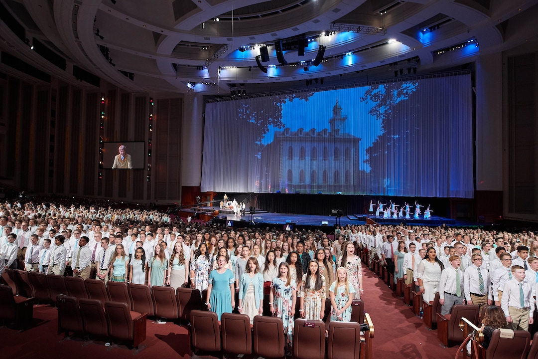 (Courtesy LDS Church) The history of The Church of Jesus Christ of Latter-day Saints was displayed by 17,000 young women and men during the cultural celebration marking the completion of the Jordan River Temple. The celebration was held in the Conference Center on May 19, 2018.