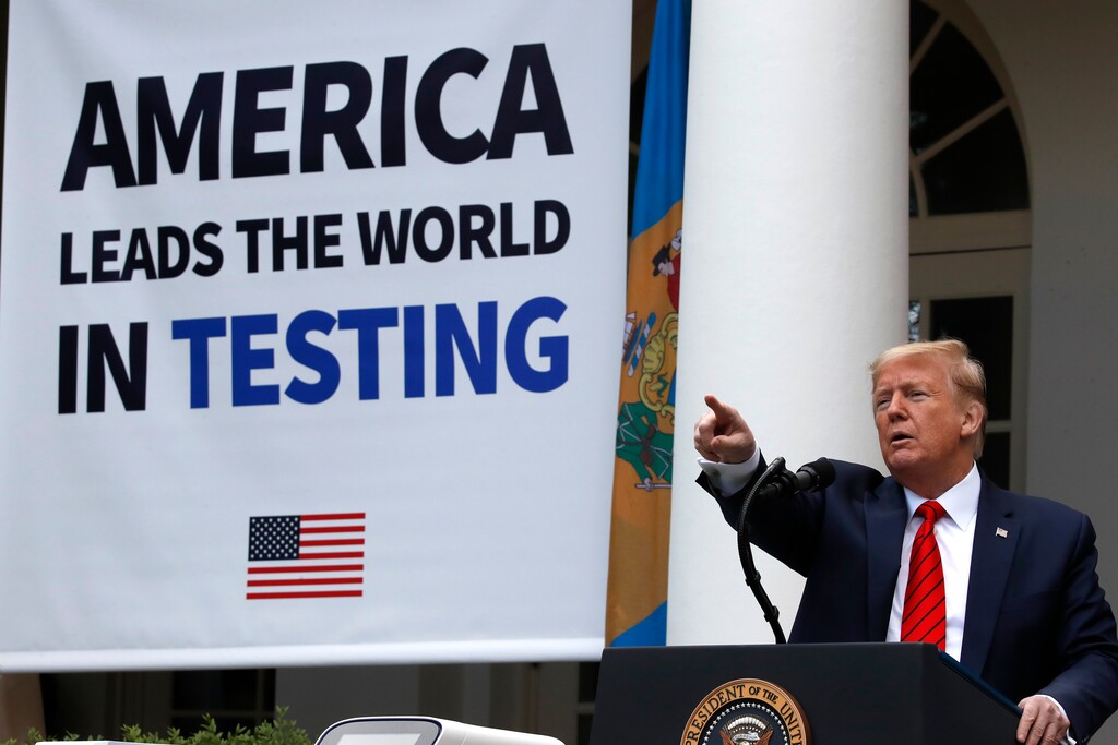 (Alex Brandon | AP file photo)

In this May 11 photo, President Donald Trump speaks about the coronavirus during a press briefing in the Rose Garden of the White House in Washington. A new poll finds Americans' trust in the people and institutions giving them information about coronavirus has fallen across the board. The poll USAFacts and The Associated Press-NORC Center for Public Affairs Research on where America gets its COVID-19 facts shows that trust of many people and groups is down significantly from what it was in April.