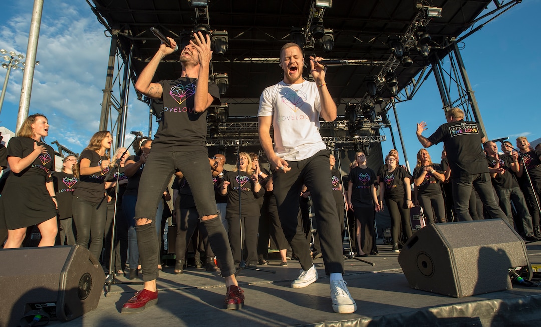 (Rick Egan  |  The Salt Lake Tribune)  Tyler Glenn, Neon Trees, and Dan Reynolds, Imagine Dragons perform a song together, at the LoveLoud Festival at Brent Brown Ballpark at UVU campus, Saturday, August 26, 2017.