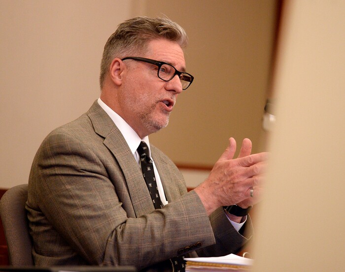 (Al Hartmann  |  The Salt Lake Tribune)       
Dr. Mark Cunningham, a clinical and forensic psychologist testifies in 3rd District Judge James Blanch's courtroom during a three-day sentencing hearing for Craig Crawford Monday August 28 in Salt Lake City.  Crawford has admitted that he trapped his 72-year-old estranged husband, well-known restaurateur John Williams, inside his home and then set it ablaze last year.
He pleaded guilty in June to first-degree felony counts of aggravated murder and aggravated arson.
The judge will decide whether Crawford will serve life in prison with or without the possibility of parole.