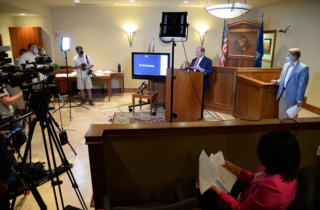 (Francisco Kjolseth  |  The Salt Lake Tribune) Attorneys Brad Parker, center left, and Jim McConkie, address the media on Monday, May 18, 2020, prior to their clients Jill and Matt McCluskey (via zoom) joining the event at the attorney's office in Murray, regarding newly discovered evidence and recent developments in Lauren McCluskey's case.