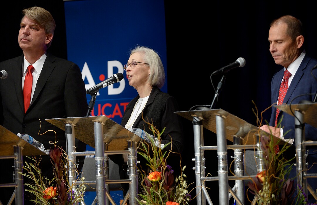 (Scott Sommerdorf   |  The Salt Lake Tribune)   Dr, Kathie Allen, center, speaks during Utah's 3rd District Congressional debate, Friday, October 13, 2017. At left is Jim Bennett, and at right is Mayor John Curtis.