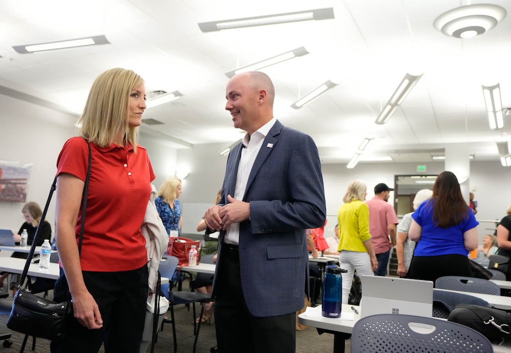 (Francisco Kjolseth | The Salt Lake Tribune) Aimee Winder Newton speaks with Gov. Spencer Cox in August. Winder Newton starts a new job with the state this week.
