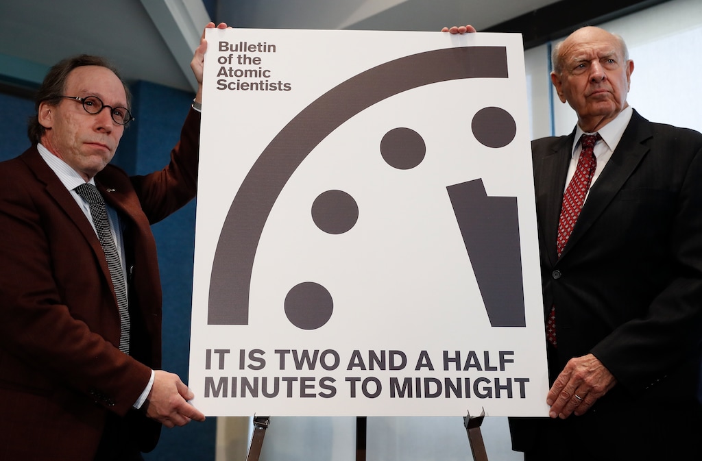 (Carolyn Kaster | AP photo)

Lawrence Krauss, theoretical physicist, chair of the Bulletin of the Atomic Scientists Board of Sponsors, left, and Thomas Pickering, co-chair of the International Crisis Group, display the Doomsday Clock during a news conference the at the National Press Club in Washington, Thursday, Jan. 26, 2017, announcing that the Bulletin of the Atomic Scientist have moved the minute hand of the Doomsday Clock to two and a half minutes to midnight.