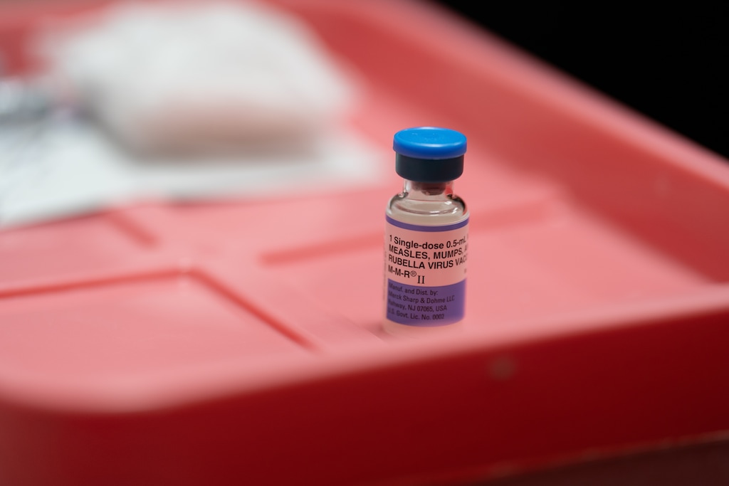 (Mary Conlon | The Associated Press) A vial of the combination measles, mumps and rubella vaccine on March 17, 2026.
