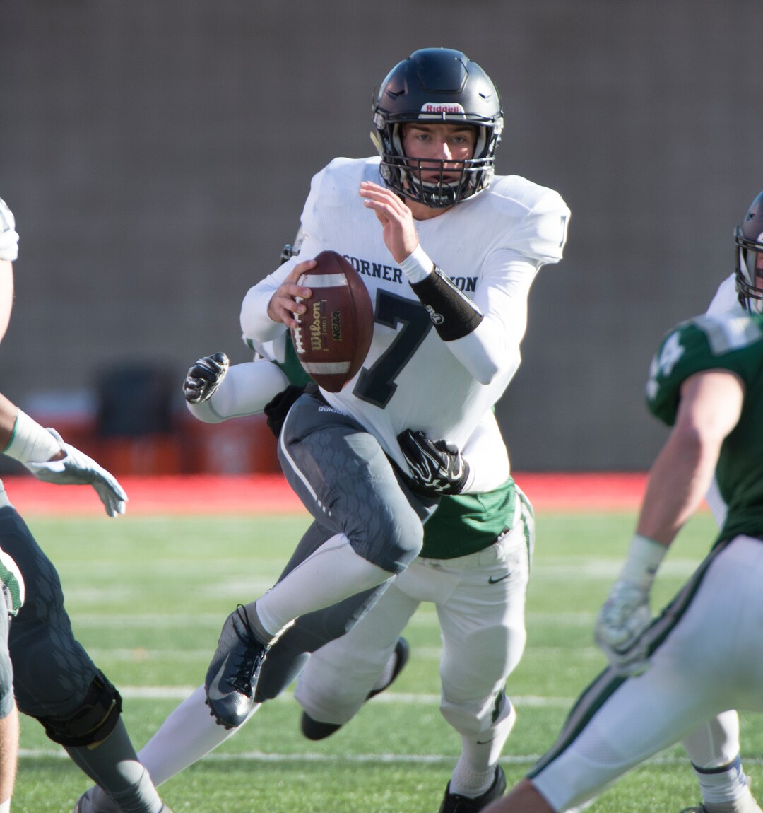 (Rick Egan  |  The Salt Lake Tribune)    Corner Canyon quarterback Cole Hagen (7) runs with the ball for the Chargers, in 5A football semifinal action between Olympus and Corner Canyon at Rice-Eccles Stadium, Thursday, Nov. 8, 2018.
