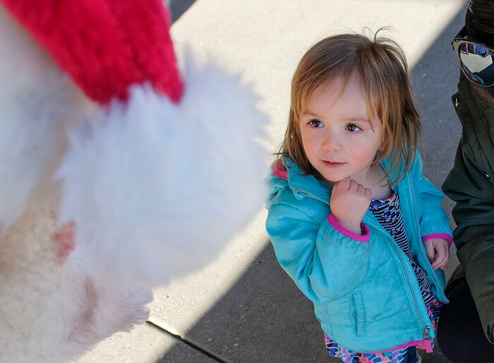 (Leah Hogsten  |  The Salt Lake Tribune)  Lucy Sanchez, 1, marvels at Santa Claus while leaving Macey's grocery store on Thursday with her mother. The jolly fat man also greeted Macey's guests who scheduled a grocery pickup time, Dec. 24, 2020.