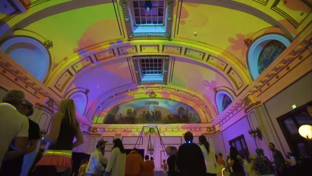 (Photo courtesy of Stan Clawson) A light art projection created by David Giardinelli appeared in the Grand Hall of the Union Pacific depot during the 2017 Illuminate festival. Giardinelli has also created projections for the 2019 festival, scheduled Nov. 8 and 9 at The Gateway in Salt Lake City.